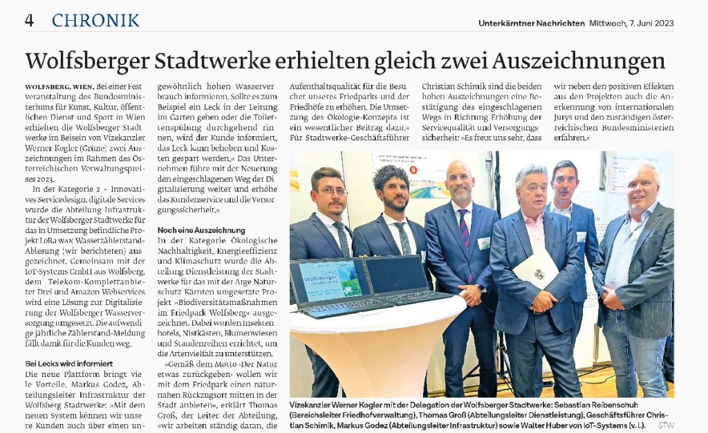 Unterkärntner Nachrichten Artikel vom 7. Juni 2023 - Wolfsberger Stadtwerke erhielten gleich zwei Auszeichnungen